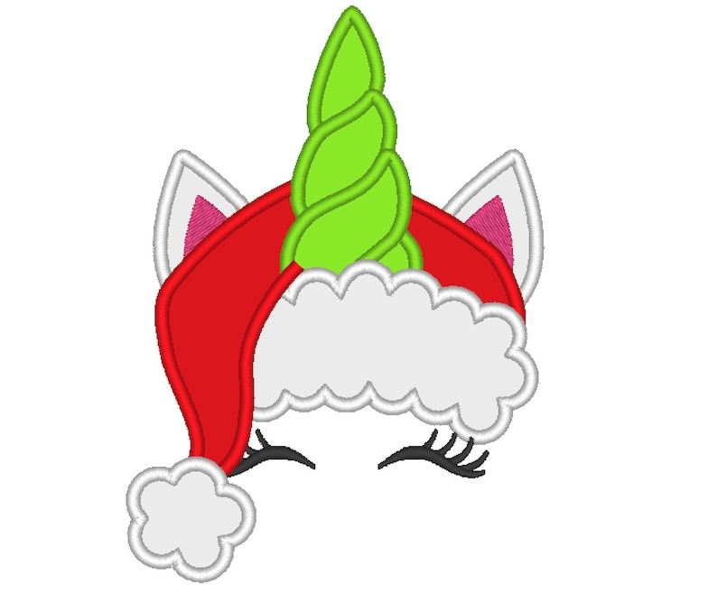 May include: A white unicorn wearing a red Santa hat with a green spiral horn. The unicorn has closed eyes and a white fluffy trim on the hat.