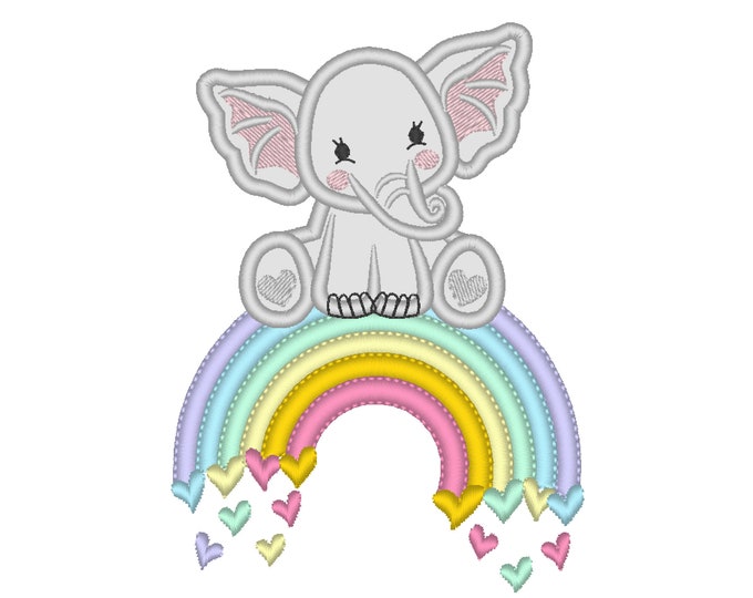 Cute Little Elephant applique and Rainbow falling hearts machine embroidery designs assorted sizes 5, 6 and 7 inches, kids baby boy girl