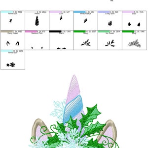 May include: A colorful embroidery design of a unicorn's face with a holly and snowflake design. The design is 4.52 inches by 4.87 inches and has 12 colors.