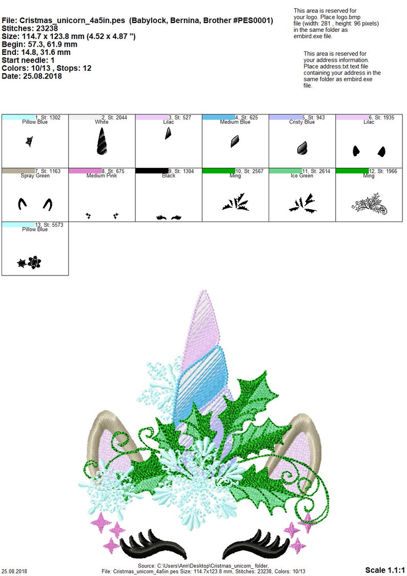 May include: A colorful embroidery design of a unicorn's face with a holly and snowflake design. The design is 4.52 inches by 4.87 inches and has 12 colors.