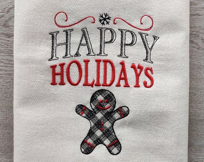 Happy holidays Merry Christmas gingham gingerbread old fashioned classic Kitchen dish towel quote machine embroidery designs hoop 4x4, 5x7