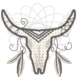 May include: A black and white embroidered design of a bull skull with feathers and a beaded necklace. The skull is surrounded by a decorative pattern.