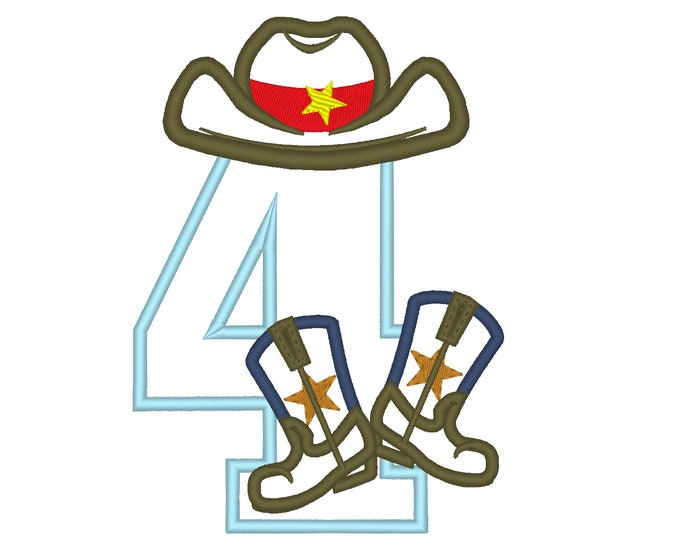 Cowboy Birthday number FOUR 4 kicking boots number 4 machine embroidery applique designs for hoop 5x7, sizes 5 and 6 inches INSTANT DOWNLOAD