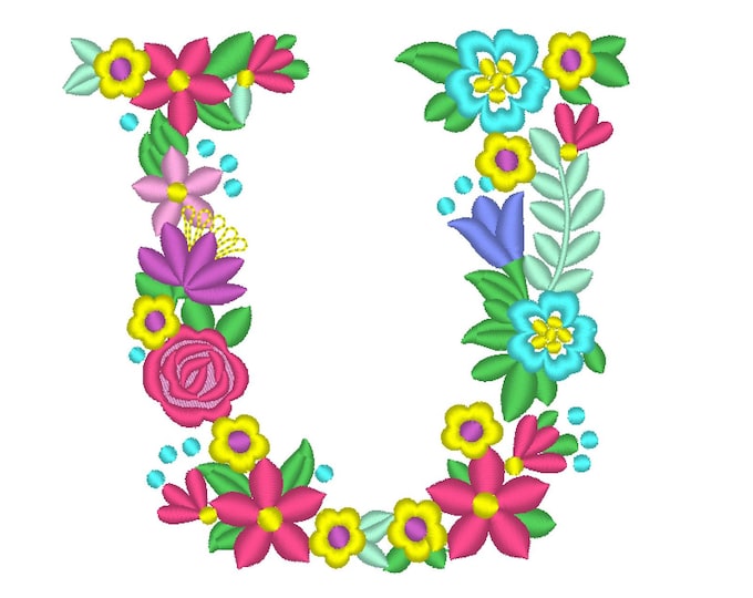 Floral letter U garden flag monogram liberty fashioned flowers flower Font machine embroidery designs monogram U only 4, 5, 6 and 8 in