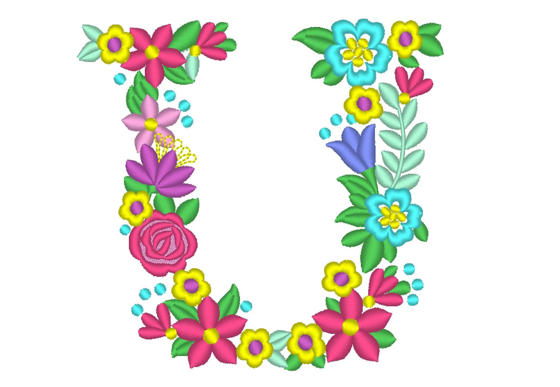 Floral letter U garden flag monogram liberty fashioned flowers flower Font  machine embroidery designs monogram U only 4, 5, 6 and 8 in