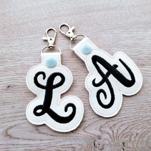 Monogram alphabet initial script letters A-Z simply in the hoop ITH snap tab key fob keychain, 26 letters A-Z machine embroidery designs