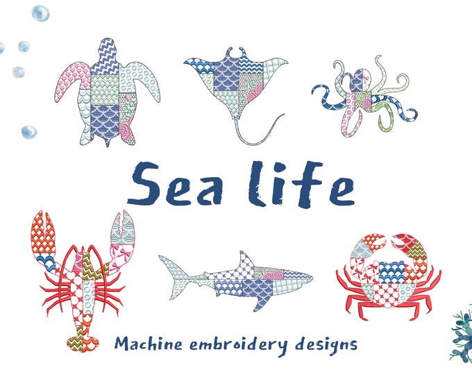 Patchwork patterned Sea Ocean beach SET of 6 designs animal fish Turtle Shark Crab Octopus Ray Lobster outline machine embroidery designs
