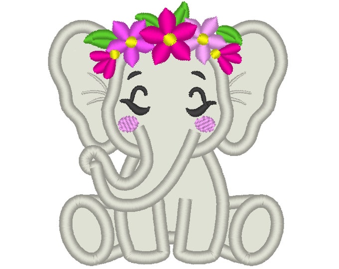 Floral daisy flower crown Little Elephant machine embroidery applique designs assorted sizes INSTANT DOWNLOAD adorable cute elephant baby