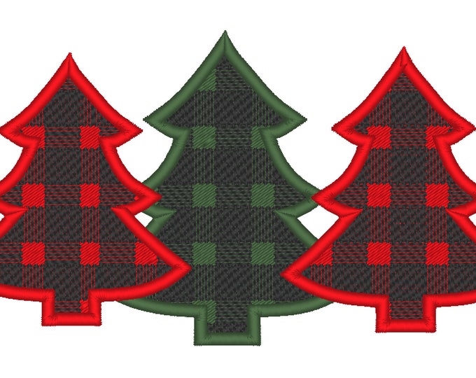 Plaid Checked Woodlands Tree Trio Applique Triple Applique and fill stitch design 3 Christmas tree in a row embroidery designs 4x4 5x7 6x10