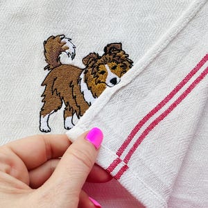 Cute Playing Sheltie Puppy Dog Shetland Sheepdog kitchen dish towel animal kids machine embroidery designs ITH project simply in the hoop