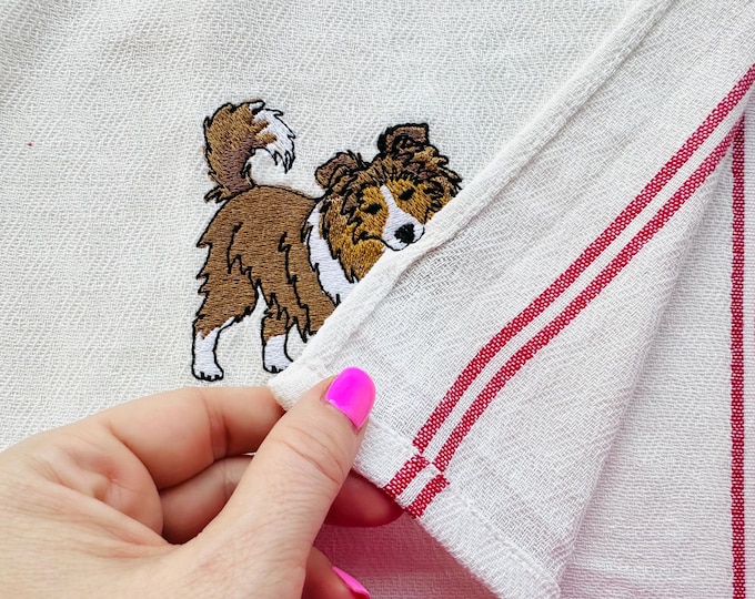 Cute Playing Sheltie Puppy Dog Shetland Sheepdog kitchen dish towel animal kids machine embroidery designs ITH project simply in the hoop