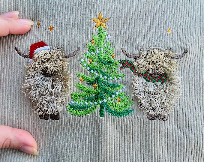Fluffy Highland Cows with Christmas tree in a row cute fringed farm Cow machine embroidery designs awesome fringe in the hoop kids outfit