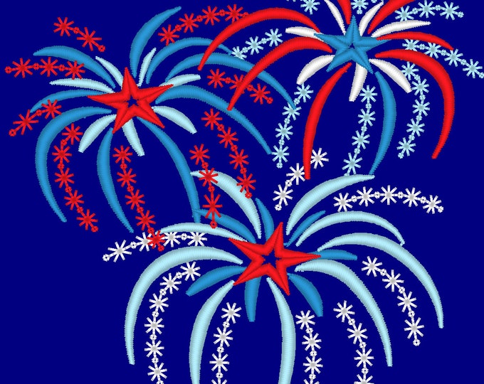Fireworks anniversary firecracker machine embroidery designs sizes for hoop 4x4 5x7 6x10 4th of July American Independence Day patriotic