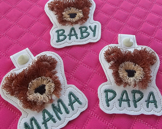 Mama Bear Papa Bear and Baby Fringed Bear Eyelet and Key Fob Snap Tab in the hoop machine embroidery designs ITH keychain fluffy wild animal