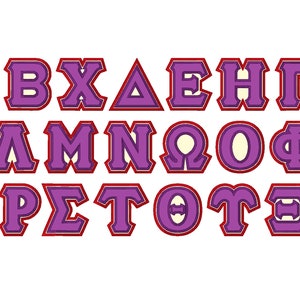 Könnte beinhalten: Lila und rote Buchstaben des Alphabets mit weißem Umriss. Die Buchstaben sind in einer fetten, blockartigen Schrift.