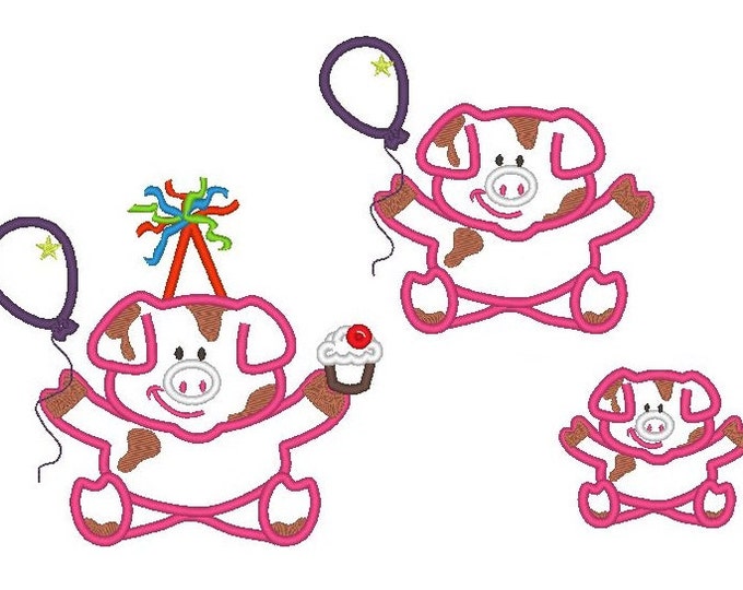 Farm Birthday piggy, with birthday hat, cake and balloon and without them - applique - for hoop 4x4 and 5x7 INSTANT DOWNLOAD