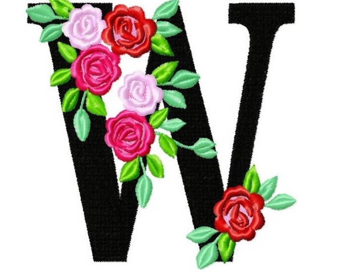 Roses floral Individual letter W garden flag monogram roses crown flowers flower Font machine embroidery design 2, 3, 4, 5, 6, 7, 8 in