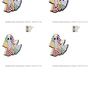 May include: A patchwork ghost design in various sizes, featuring orange, purple, green, and black colors. The design includes the text "Patchwork_Ghost" followed by dimensions in inches and stitch counts. Ideal for Halloween crafts.
