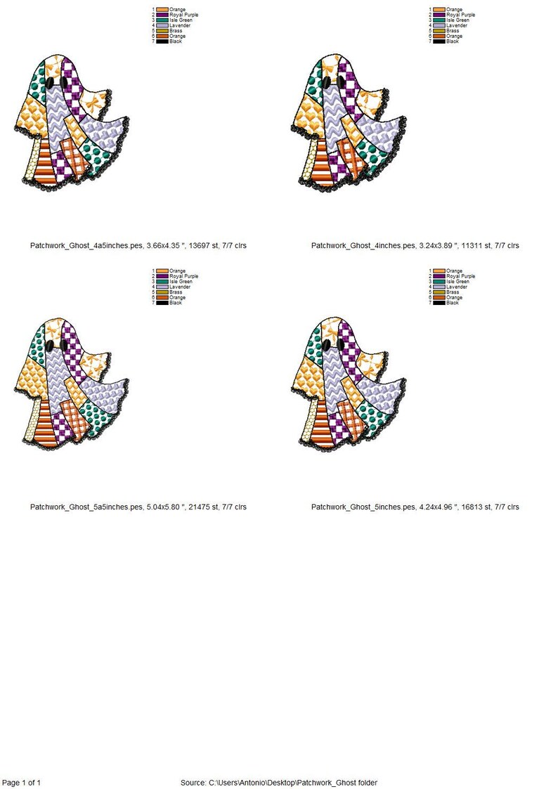 May include: A patchwork ghost design in various sizes, featuring orange, purple, green, and black colors. The design includes the text "Patchwork_Ghost" followed by dimensions in inches and stitch counts. Ideal for Halloween crafts.