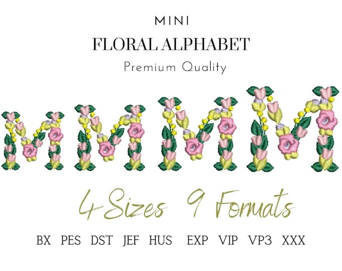 Mini roses floral font alphabet  flower monogram liberty fashioned flowers Font machine embroidery designs sizes 1.4, 1.6, 1.8, 2 in BX inc