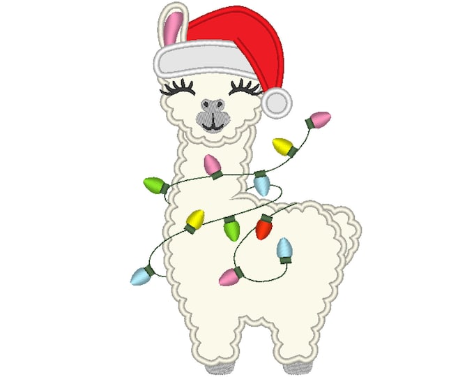 Christmas lights and llama applique machine embroidery designs many sizes, Llama Alpaca winter Santa Christmas hat llama no dram baby kids