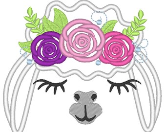 Pretty eyes llama or alpaca face with shabby chick roses crown applique machine embroidery designs applique embroidery llama face
