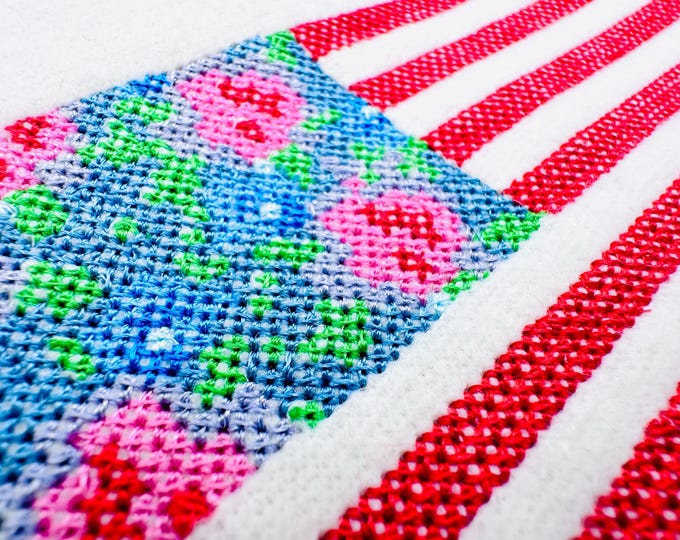 Cross stitch Rose Floral Flag machine embroidery designs patriotic sweet home garden girls design 4th of July sizes 5.5 up to 8 inch