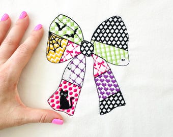 Halloween Bow patchwork patterned Heirloom Bow Bats Black Cat machine embroidery designs sizes 4 up to 8.5 inch girls scary spooky design