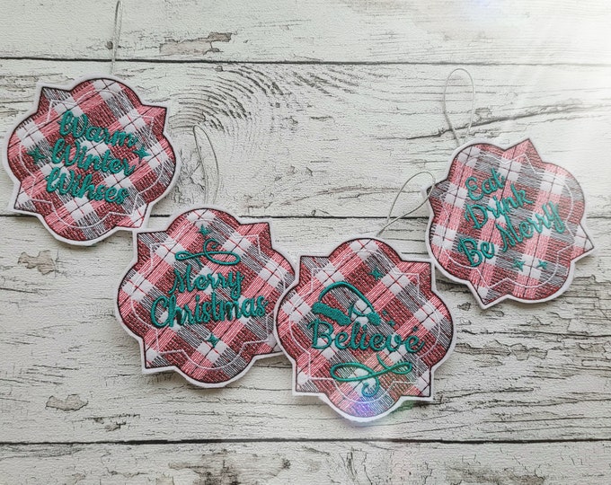 Tartan Plaid Gingham Christmas tree ornaments decoration or gift tags SET of 4 machine embroidery designs hoop 4x4 ITH feltie easy project