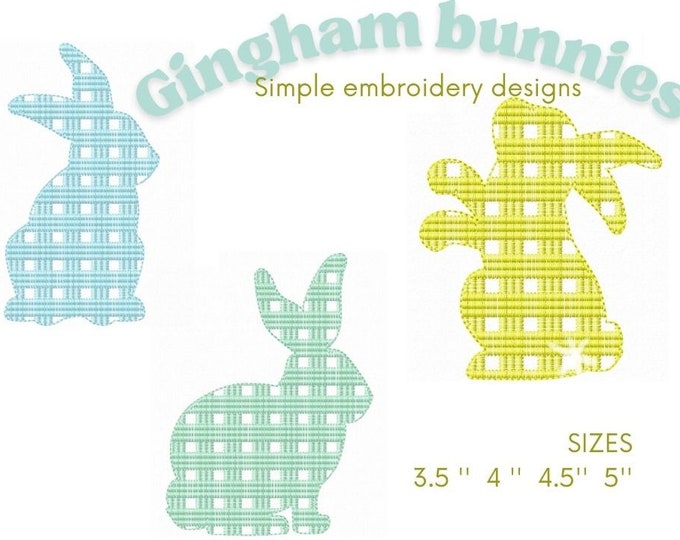 Single little bunny Gingham tartan checkered plaid Easter bunny  light sketch stitch outline Machine embroidery designs 3 types