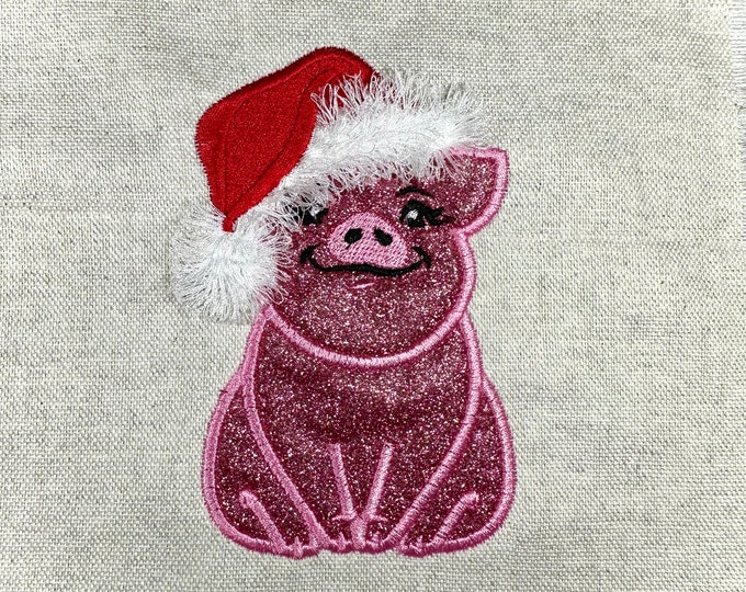 Little Cute Pig with Fringed Santa Hat Christmas theme fringe in the hoop Appliqué Machine Embroidery Design Xmas Piggy Piglet kids baby