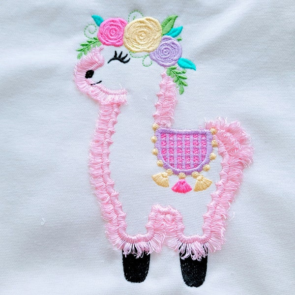 Fringed Fluffy Llama with fringe tassels Boho Llama lama Floral Rose flower Crown Alpaca applique ITH In the hoop machine embroidery designs