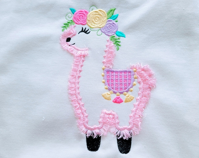 Fringed Fluffy Llama with fringe tassels Boho Llama lama Floral Rose flower Crown Alpaca applique ITH In the hoop machine embroidery designs