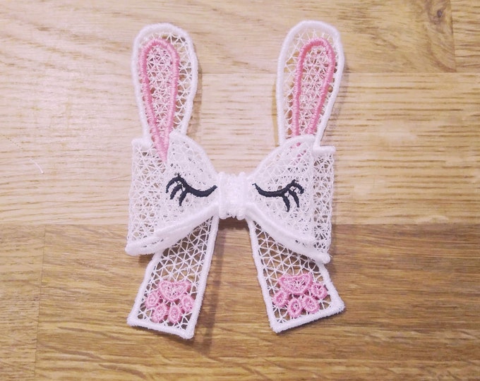 Easter Bunny ears Double layer Big bow Little Princess - FSL, Free standing lace, curl Bow - machine embroidery design 5x7