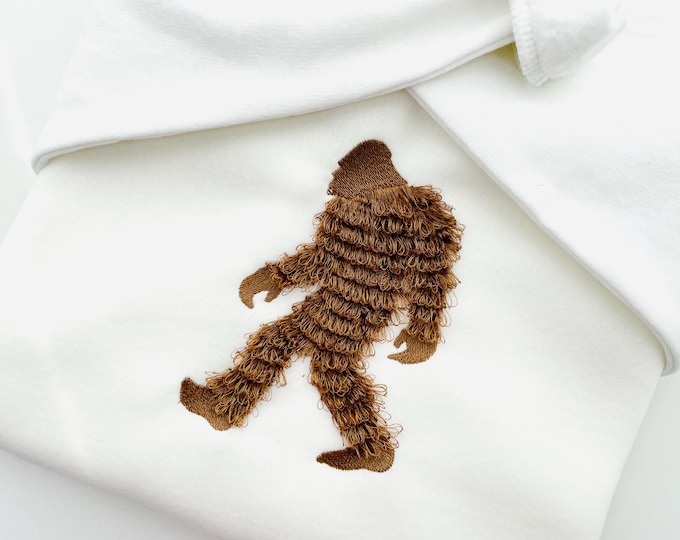 Yeti Gentlefoot fringed fluffy chenille Bigfoot Sasquatch machine embroidery designs sizes for hoop 5x7 kids fun wild forest silhouette