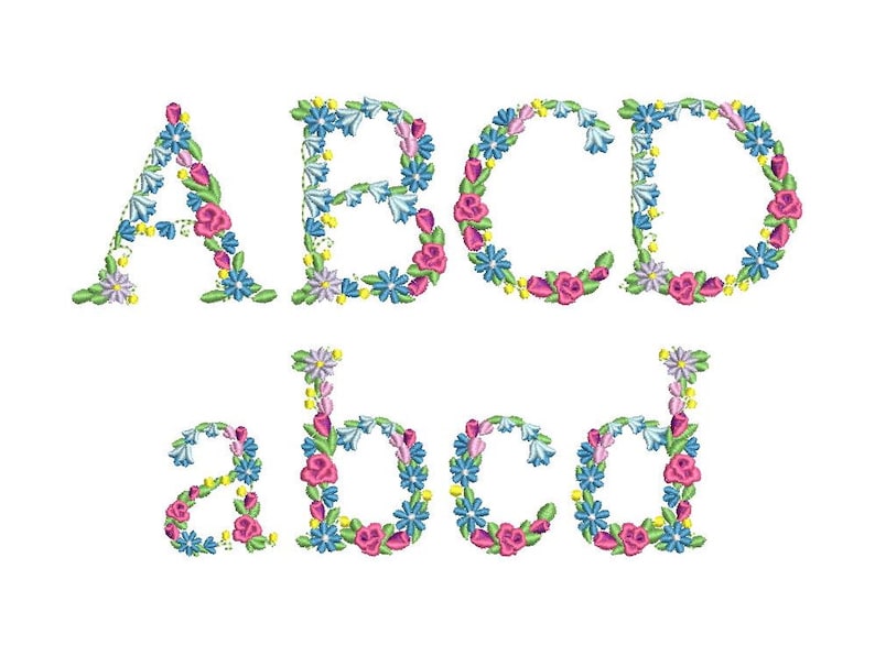 Meadow Bluebell Rose Floral Font Flower alphabet uppercase and lowercase letters initial monogram machine embroidery designs in assorted sizes flowered Font by Artapli embroidery formats BX PES HUS JEF EXP DST VIP VP3 XXX instant download