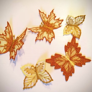 Autumn leaves butterflies set Autumn butterfly embroidery designs 3 types FSL Free standing lace embroidery in the hoop ITH embroidery