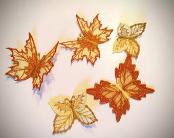 Autumn leaves butterflies set Autumn butterfly embroidery designs 3 types FSL Free standing lace embroidery in the hoop ITH embroidery