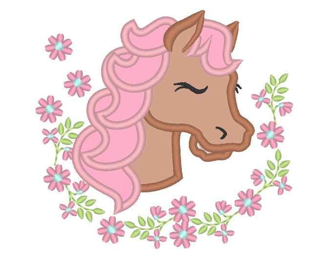 Pretty horse head applique machine embroidery designs, applique embroidery - Little pretty horse face princess floral frame INSTANT DOWNLOAD