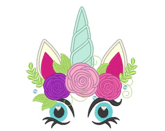 Unicorn head with shabby chick floral crown applique  - machine embroidery designs applique Rainbow unicorn embroidery Rainbow unicorn eyes