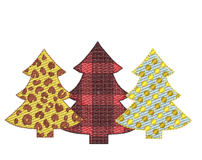 Plaid checkered Polka dot Leopard Woodland Tree Trio fill stitch Three trees in a row machine embroidery designs 3 Christmas tree in a row