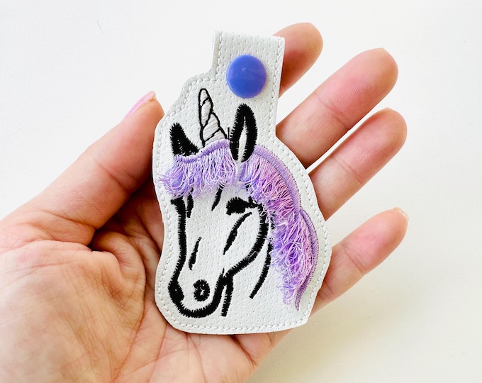 Unicorn face Key Fob Snap Tab and Eyelet girls keychain in the hoop machine embroidery designs ITH project fringed fluffy fuzzy Horse head