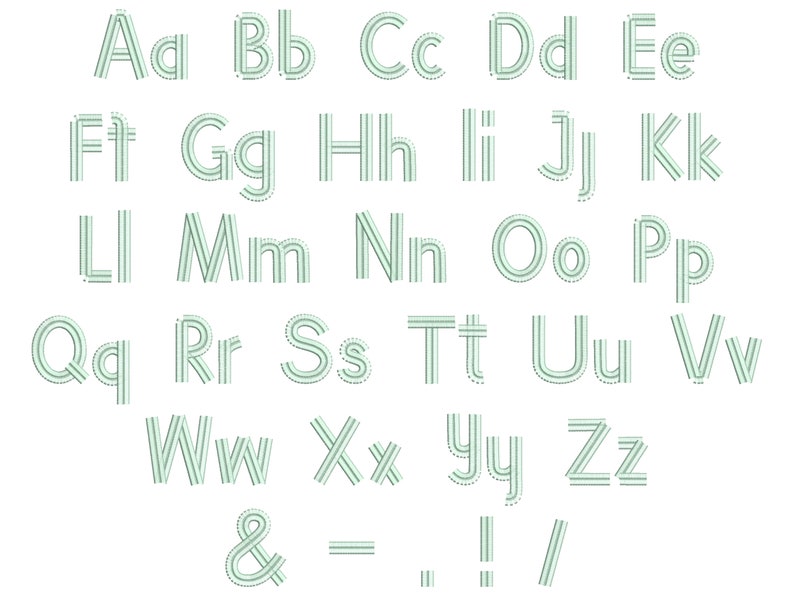 K&ouml;nnte beinhalten: Ein gr&uuml;nes Alphabet mit einem gestreiften Design. Die Buchstaben sind in Gro&szlig;- und Kleinschreibung. Das Alphabet enth&auml;lt Satzzeichen wie ein kaufm&auml;nnisches Und, einen Bindestrich, einen Punkt, ein Ausrufezeichen und einen Schr&auml;gstrich.