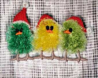 Christmas Chicks in row triple chicks Christmas embroidery design fringed embroidery designs Fringed Fluffy Chick chenille farm chicken baby