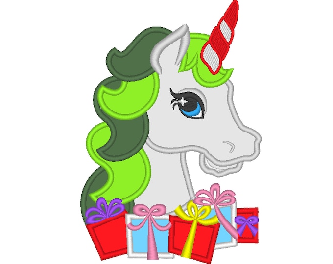 Christmas Unicorn head with presents applique machine embroidery designs unicorn face Merry Christmas