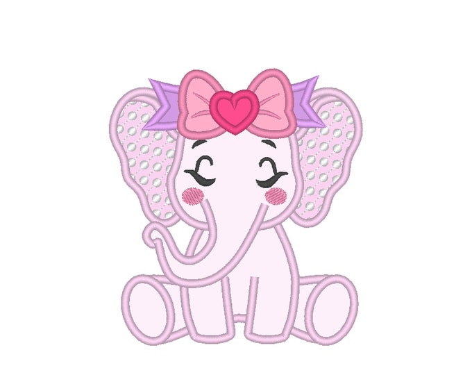 Little Elephant girl with bow machine embroidery applique designs multiple sizes 4, 5, 6, 7 and 8 inches cute elephant baby applique design