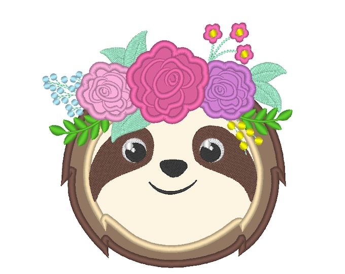 Sloth face, pretty eyes sloth, sloth with roses floral crown applique design,  machine embroidery applique design 4x4 5x7 6x10