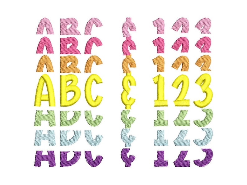 May include: A set of colorful embroidered letters and numbers. The letters are "ABC" and the numbers are "123". The letters and numbers are in a rainbow of colors, including pink, orange, yellow, green, blue, and purple.