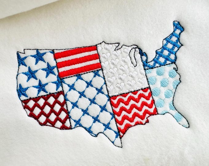 Patchwork USA States US map silhouette outline patterned machine embroidery designs sizes 4 up to 9 inch American patriotic 4th July design