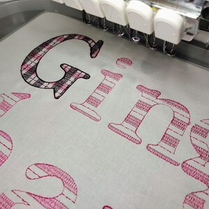Pode incluir: Um close-up de uma m&aacute;quina de bordado costurando o nome "Ginger" em fio rosa e preto em um tecido branco. As letras est&atilde;o em uma fonte estilizada com um padr&atilde;o xadrez.